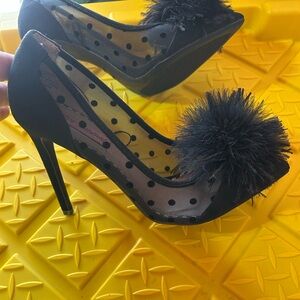 Betsey Johnson Black Heels with Pom Pom Accents